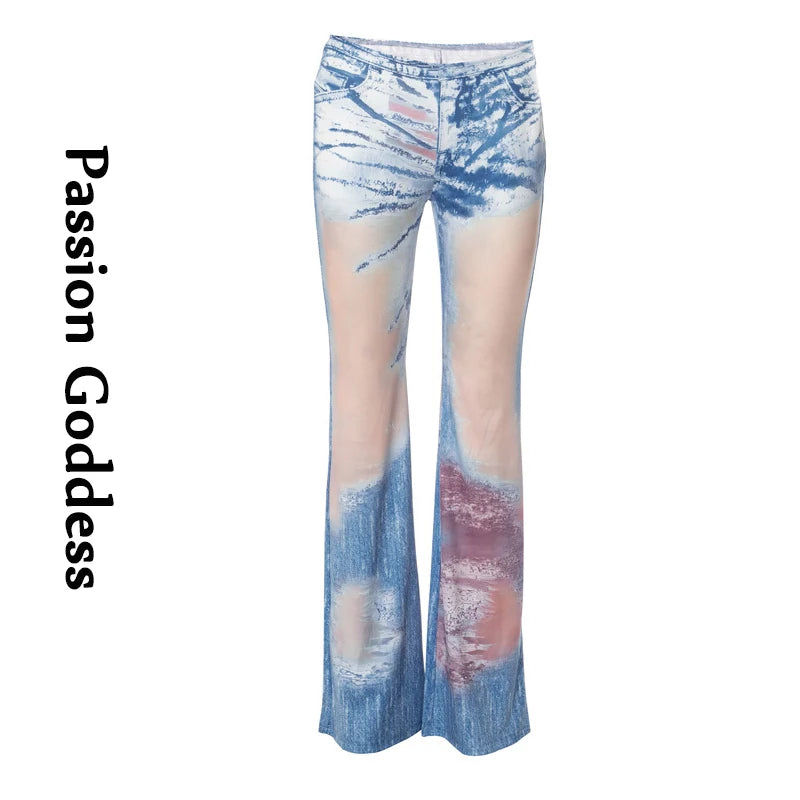 Women Denim Printed Flare Pants