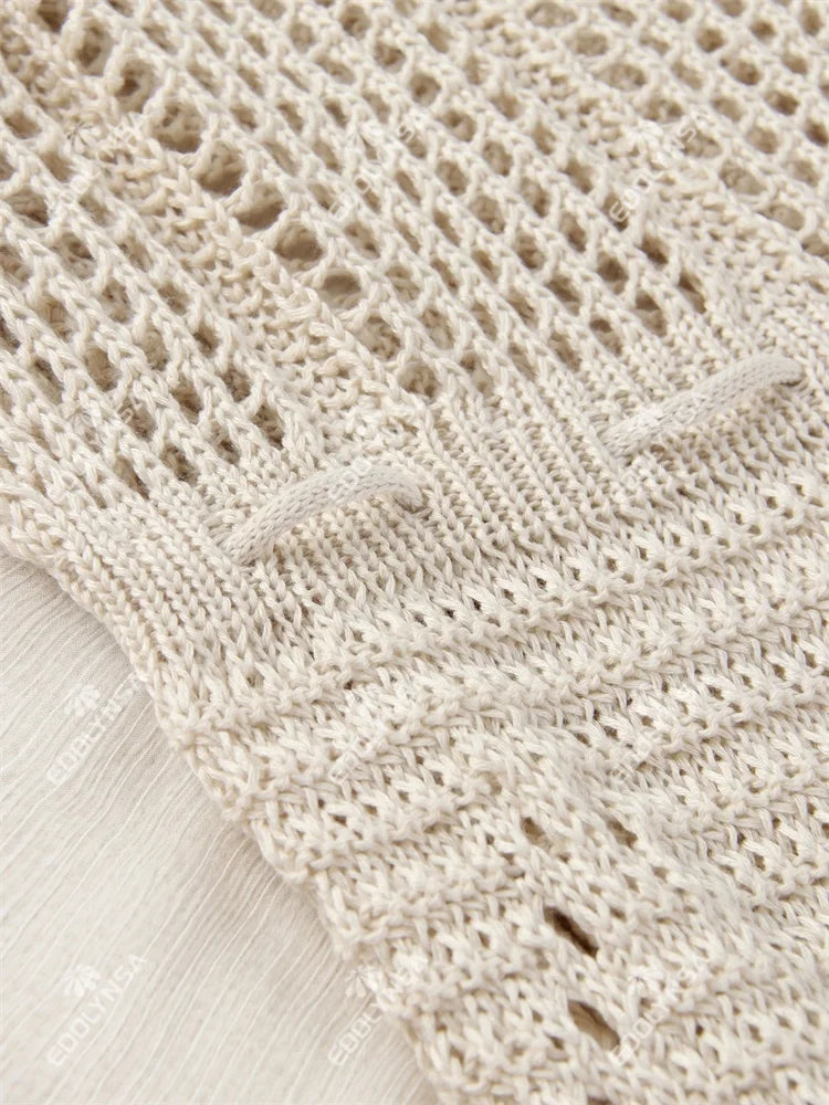 Sexy Deep V-neck Lace-up Bell Sleeve Knit Mesh Hollow Out Beach Mini Dress 2025 Summer Swimsuit Cover Up Women Casual Tunic K14 Luxlife Brands