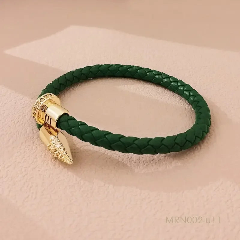 MOONLIGHT Genuine Braided Leather Bracelet for Woman High Quality Classic Cubic Zirconia Nail Bracelet Female Jewelry Gifts