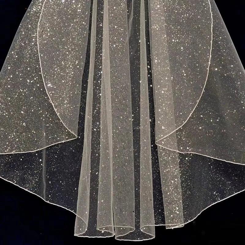 B62 Short Bridal Veil with Comb Luxury Pencil Edge Wedding Veil 2022 Turkish Veil Glitter Veil White Champagne Bride Veil LUXLIFE BRANDS