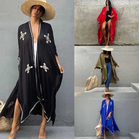 WeHello Beach Cover Up Long Kimono for Women Summer Swimsuit Cape Solid Fashion Tunic Dresses Bathing Suits Cardigan Shawl