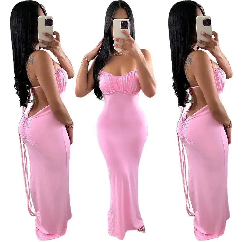 Backless Pink Pleat Dress Sexy Club Party Bodycon Fashion Evening Dresses Women 2023 Summer Clothing Elegant Luxury Maxi Dresses