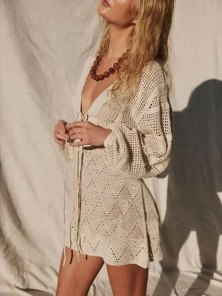 Sexy Deep V-neck Lace-up Bell Sleeve Knit Mesh Hollow Out Beach Mini Dress 2025 Summer Swimsuit Cover Up Women Casual Tunic K14