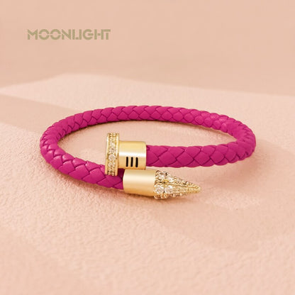 MOONLIGHT Genuine Braided Leather Bracelet for Woman High Quality Classic Cubic Zirconia Nail Bracelet Female Jewelry Gifts
