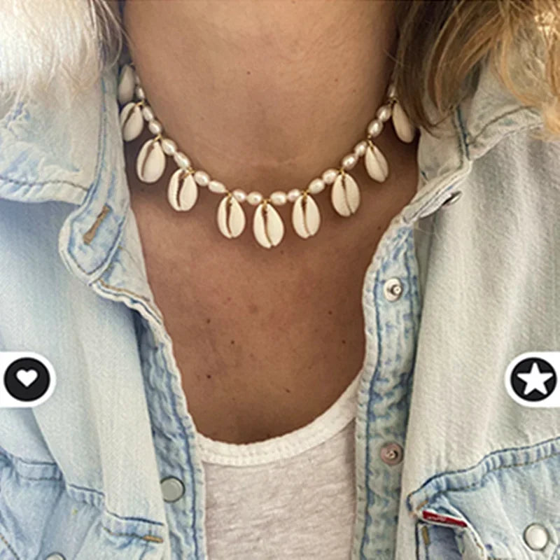 Boho Fashion Gold-Color Shell Necklace Natural Pearl Handmade Beautiful Necklace Women Baroque Jewelry Charm Statement Best Gift