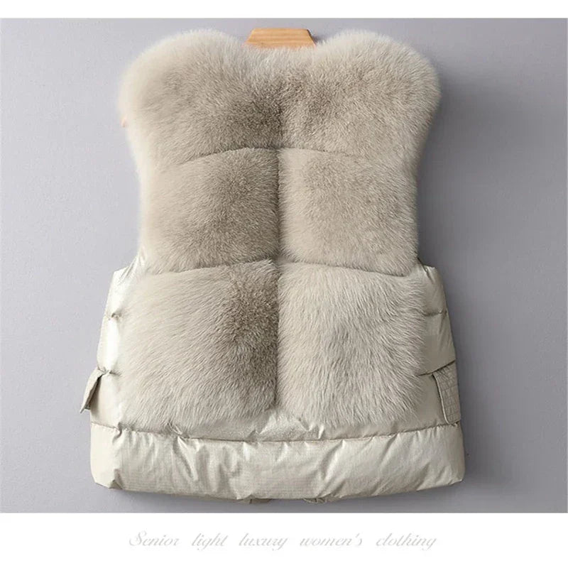 Leather and Fur Vest Women's Short Down Feather Imitation Fox Slim Temperament Jacket 23 New Autumn and Winter Fashion All-match LUXLIFE BRANDS