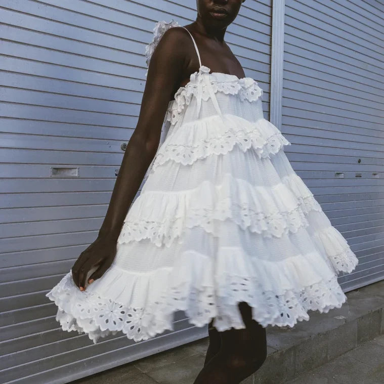 White mini lace dresses for women 2024 Summer party dresses sexy ruffle dress beach outfits for women sundress elegant backelss