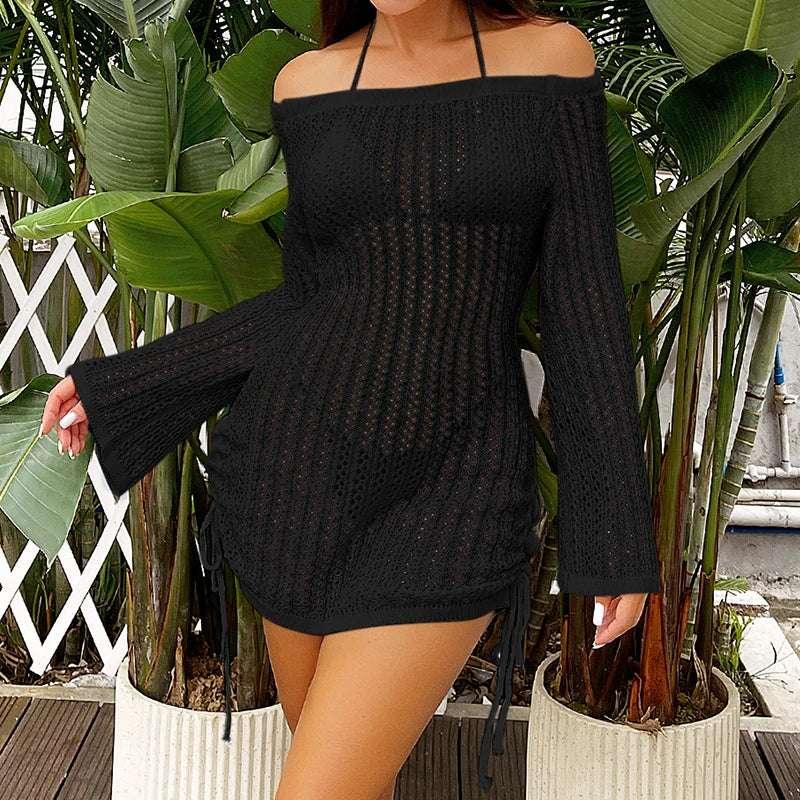 Fashion Style Beachwear Cover Up Knitting Sexy Hollow Out Short Dress Women's Summer Vacation See-Through Sunscreen Smock Dress