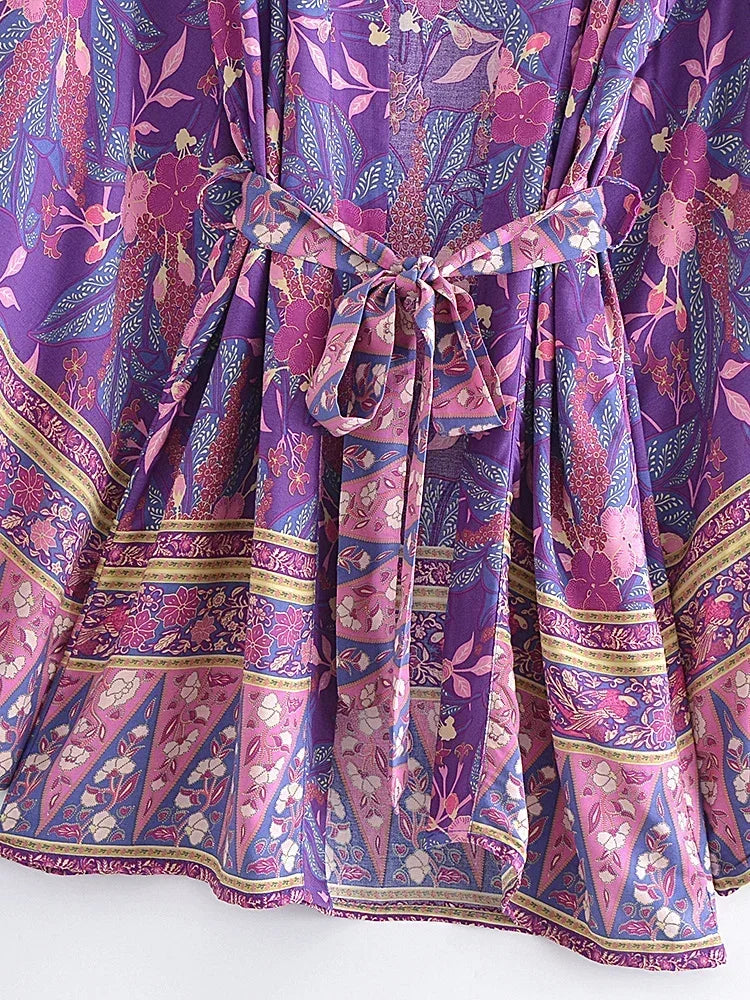 Purple Passion Floral Boho Short Kimono Dress