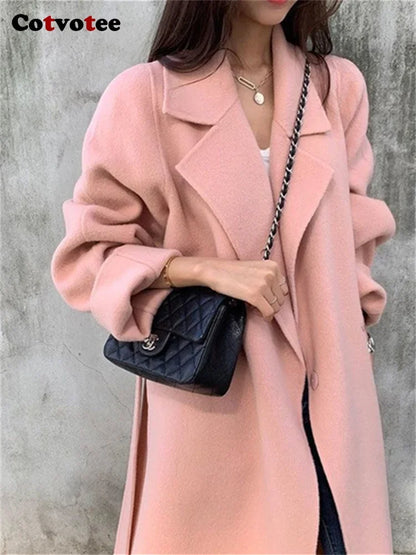 Cotvotee Solid Wool Coats for Women 2023 Fall Winter New Korean Long Sleeve Turn Down Collar Coats Loose Button Up Long Jacket LUXLIFE BRANDS