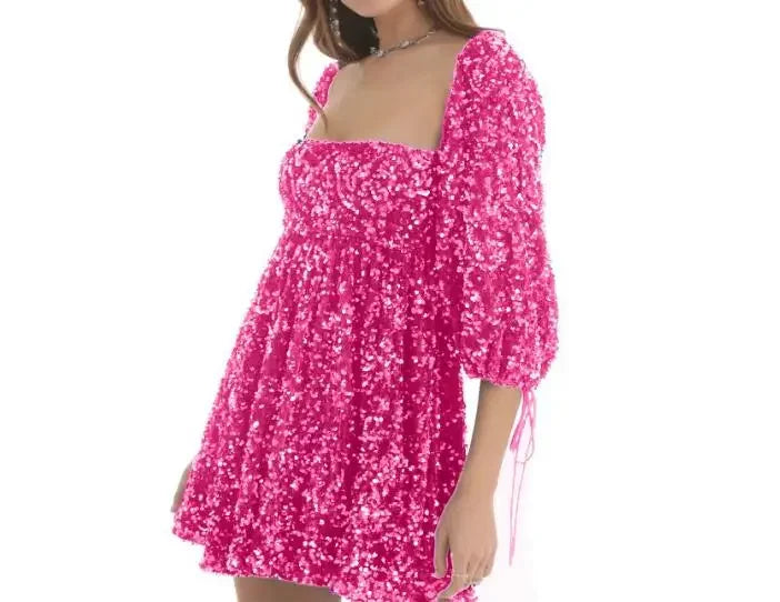 New Fashion Sexy Sequin Short Sleeve Square Neck Solid Color Slim Fit Dress For Women,5 Colors