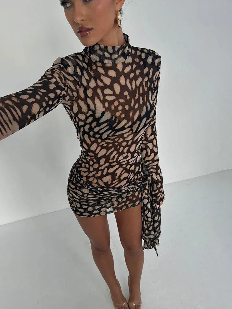 Fantoye Turtleneck Sexy Sheer Print Leopard Bandage Women Dress Long Sleeve Mini Dress Lady Spring Slim Elegant Party Club Dress Luxlife Brands