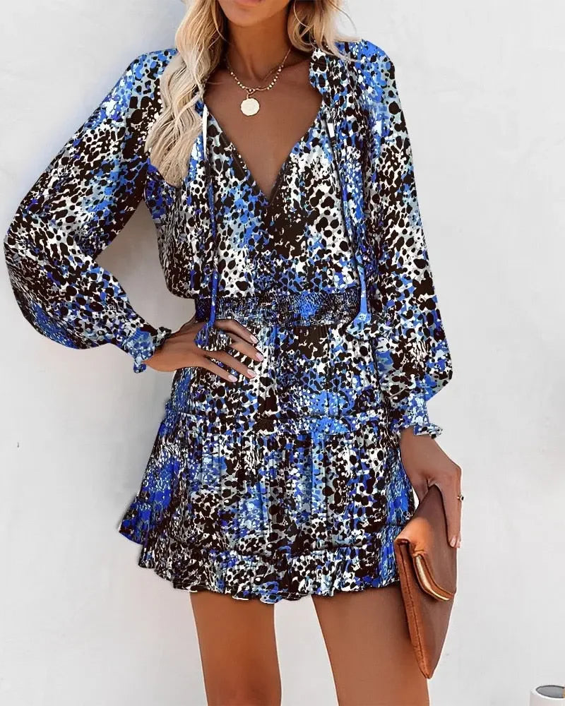 Women's Dresses 2023 Spring Fashion Floral Print Long Sleeve V Neck Casual Lantern Sleeve Ruffle Mini Waist Dress