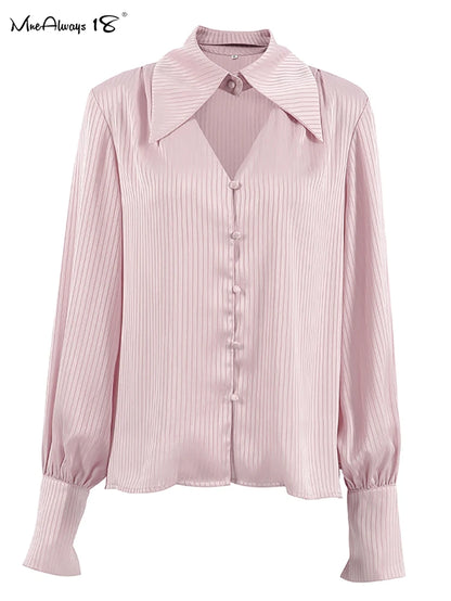 Mnealways18 White Jacquard Sexy Women Streak Shirts Lapel Cutout Single-Breasted Blouses And Tops Office Ladies Pink Stripe 2024 LUXLIFE BRANDS