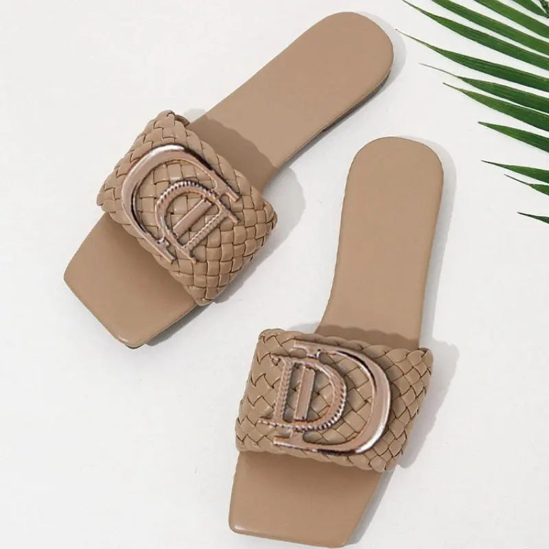 Women Luxury Decor Weave Design Flat Sandals Fashion Open-toe Vacation Casual Slides Party Sexy Elegant Office-Ladies New Shoes