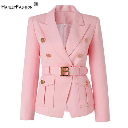 Amazing Design Workwear Office Lady Luxury OL Quality Pockets Blazer With Belt Baby Pink Formal Jacket For Women