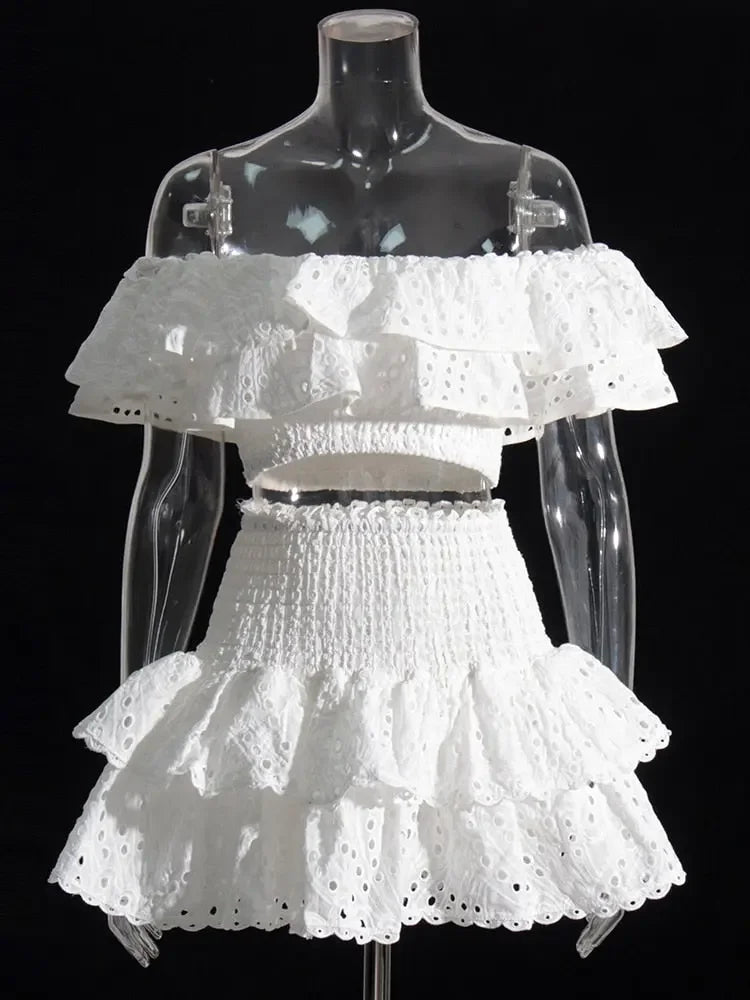 TWOTWINSTYLE Print Two Piece Sets For Women Slash Neck Short Sleeve Tops High Waist Skirts Summer Loose Set Female Fashion New