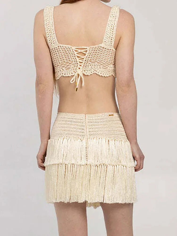 Short Top Mini Skirts Two Pieces Sets, Summer Women Holiday Sexy Sleeveless Outfit, 2025 Hollow Out Patchwork Chic Ladies Suits