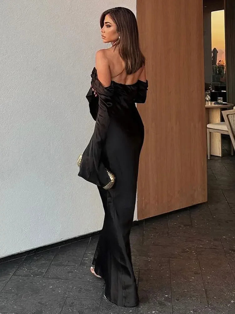 Elegant Satin Flare Sleeve Maxi Dress LUXLIFE BRANDS