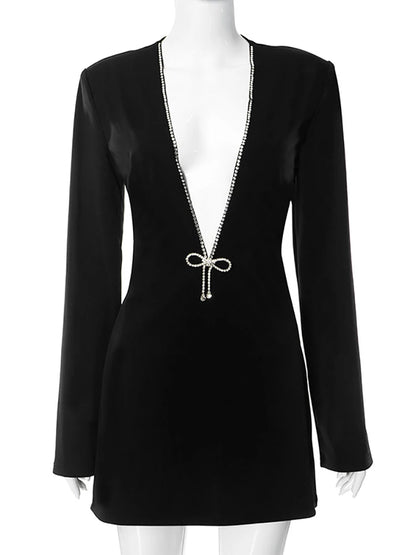 Fantoye Sexy Deep V-neck Diamonds Sparkling Women Dress Black Long Sleeve Evening Dress Autumn Slim Elegant Party Clubwear 2023