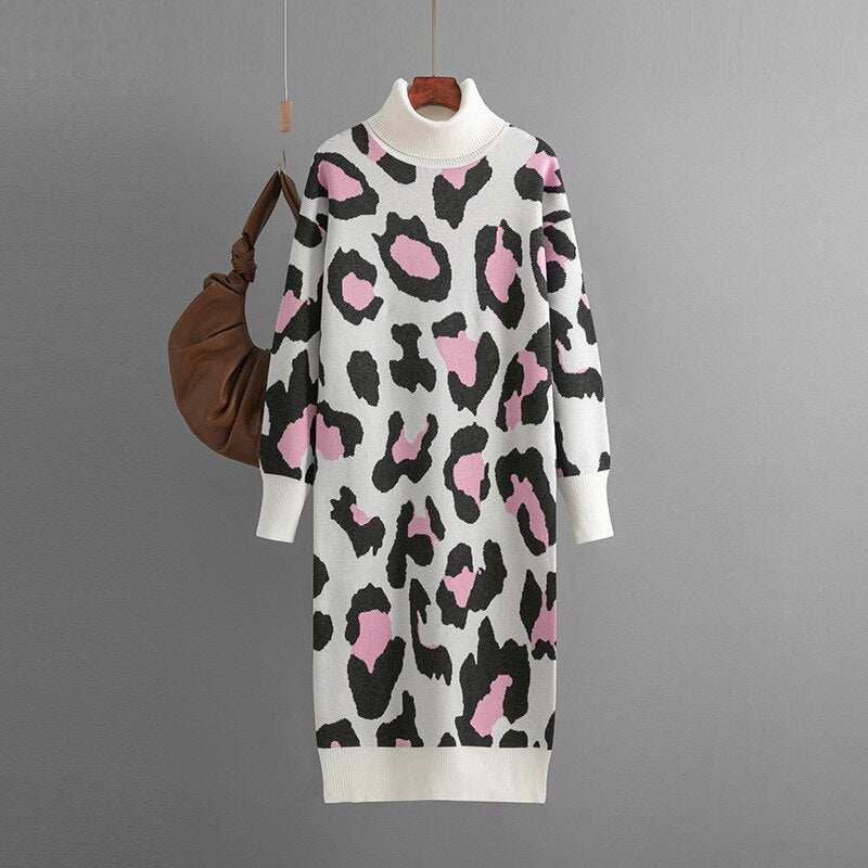 Designer Casual Sweater Warm Dress Autumn New Turtleneck Bottom Knitted Dress Fashion Leopard Pattern Long Sweater Dress Winter LUXLIFE BRANDS