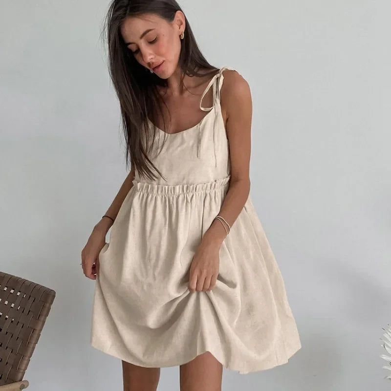 Cotton Linen Suspender Dress Spring and Summer Women's Beach Style Fake Casual Loose Soft Ruffled Edge A-line Suspender Dress Luxlife Brands