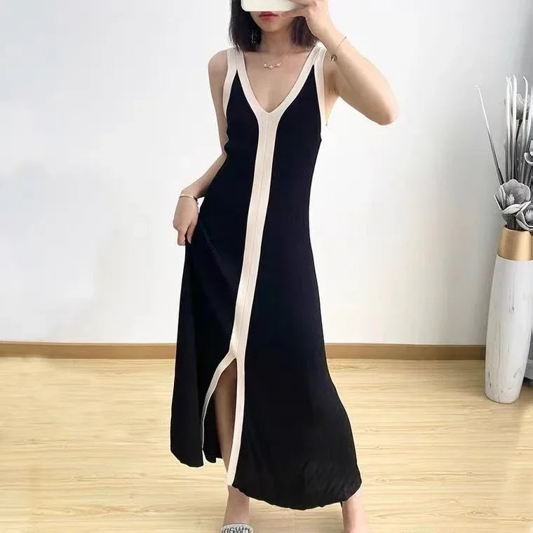 Fashion Women V-neck Maxi Dress Sexy Sling Sleeveless Dresses Knitted Long Dress Women Sweater Female - LUXLIFE BRANDS