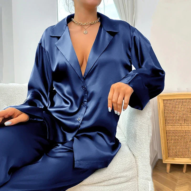Women's Satin Silk Sleepwear Low Cut Sexy Home Clothes Pajamas For Femme Single-Breasted Long Sleeves Wide Leg Pants Trouser Set Luxlife Brands
