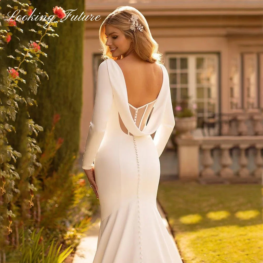 Elegant Mermaid Wedding Dresse Satin Cowl Back O-Neck Bridal Gown Simple White Long Sleeves Vestido de Novia 2023 Sweep Train LUXLIFE BRANDS