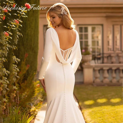 Elegant Mermaid Wedding Dresse Satin Cowl Back O-Neck Bridal Gown Simple White Long Sleeves Vestido de Novia 2023 Sweep Train LUXLIFE BRANDS