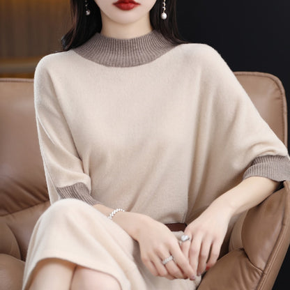 23 New women's 100% pure wool dress sweater long slim half high neck women's short sleeve pullover cashmere sweater summer