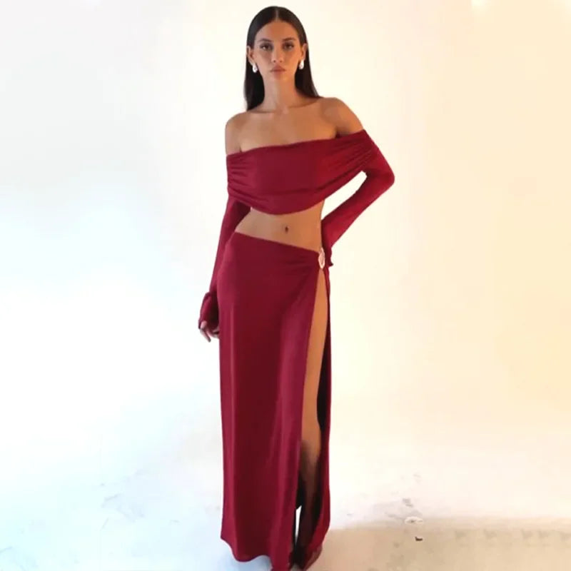 Women's Solid Beach Skirt Sets Sexy High Split Slim Bohemian Outfits Off The Shoulder Holiday Fashion 2 Piece Set 2025 Beachwear