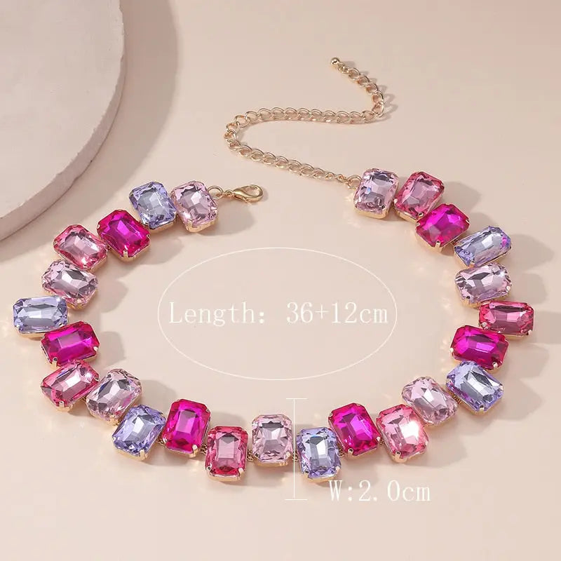 FYUAN Luxury Square Pink Colorful Crystal Choker Necklaces for Women Geometric Clavicle Chain Necklaces Party Wedding Jewelry