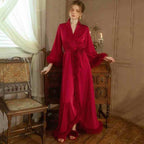 Elegant Satin Feather-Trimmed Robe & Nightdress Set - Luxury Bridal & Lounge Wear SelenaHuanStudio