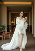 Luxury Ostrich Feather Satin Bridal Robe – White/Ivory Train, Holiday Photoshoot Gift SelenaHuanStudio