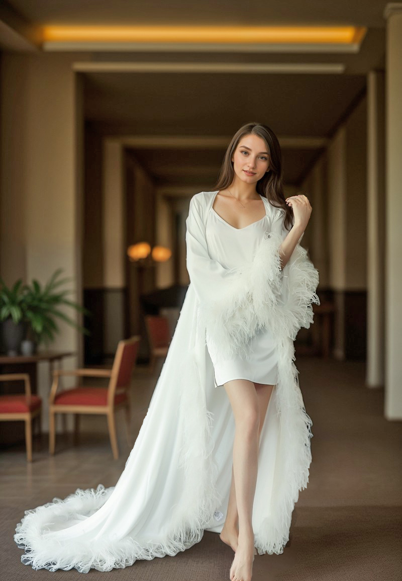 Luxury Ostrich Feather Satin Bridal Robe – White/Ivory Train, Holiday Photoshoot Gift SelenaHuanStudio