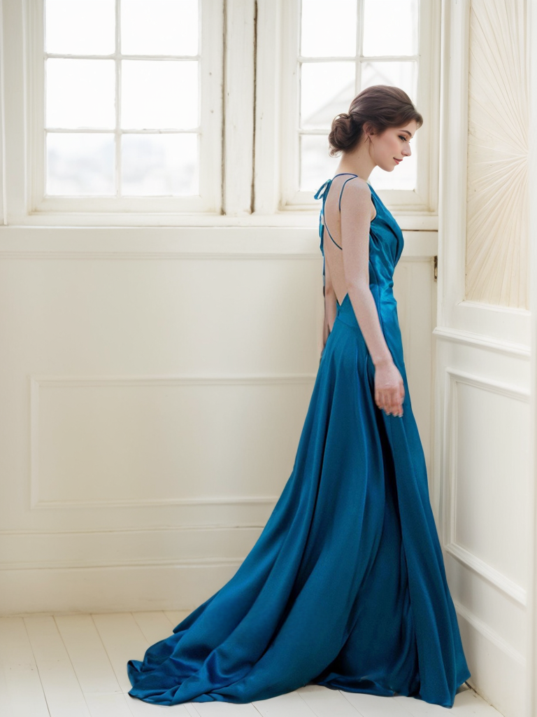 Ethereal Sapphire Blue Satin Backless Evening Gown with Thigh-High Slit SelenaHuanStudio