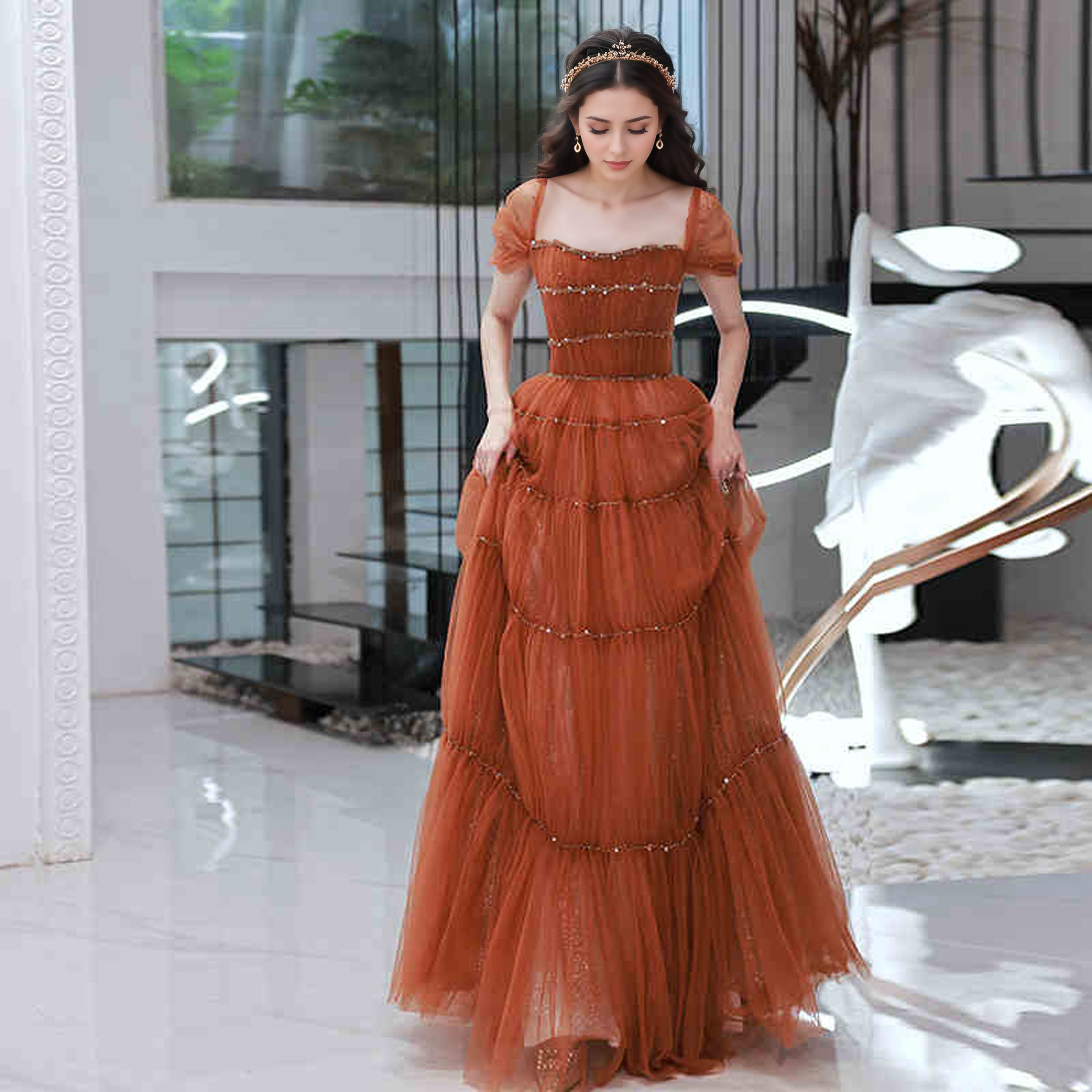 Tiered Tulle Off-Shoulder Gown with Crystal Beading SelenaHuanStudio