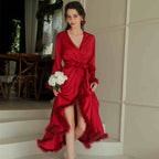 Elegant Satin Feather-Trimmed Robe & Nightdress Set - Luxury Bridal & Lounge Wear SelenaHuanStudio