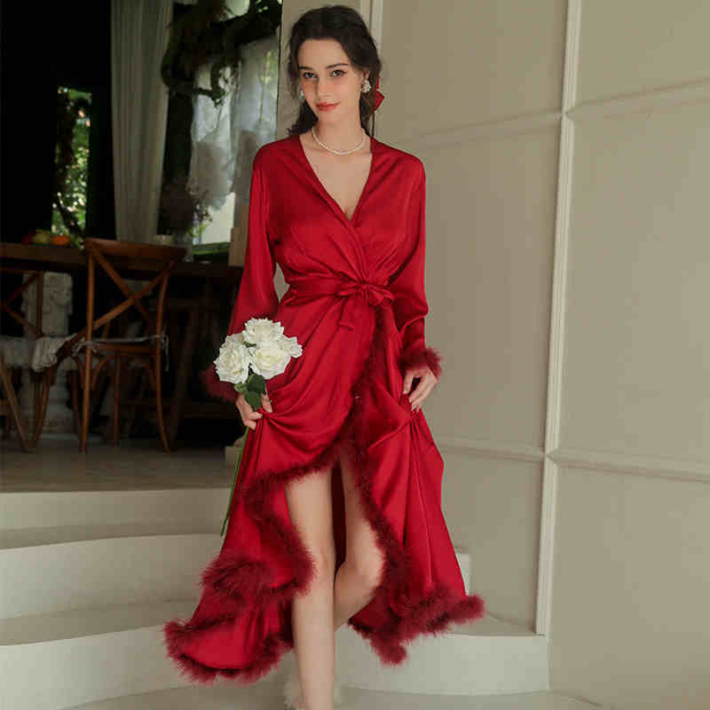 Elegant Satin Feather-Trimmed Robe & Nightdress Set - Luxury Bridal & Lounge Wear SelenaHuanStudio