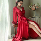 Elegant Satin Feather-Trimmed Robe & Nightdress Set - Luxury Bridal & Lounge Wear SelenaHuanStudio