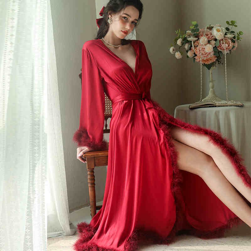 Elegant Satin Feather-Trimmed Robe & Nightdress Set - Luxury Bridal & Lounge Wear SelenaHuanStudio