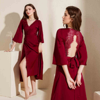 Elegant Lace Keyhole Open Back Soft Satin Robe with Slit - 4 Colors SelenaHuanStudio