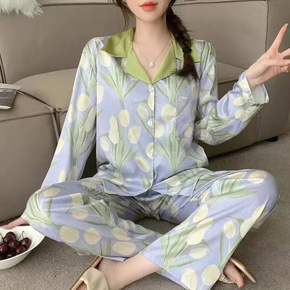 Cute Dog Printed Pajamas for Women's Spring and Autumn New Lazy Style Sweet Homewear Silk Pajamas for Women Sleepwear