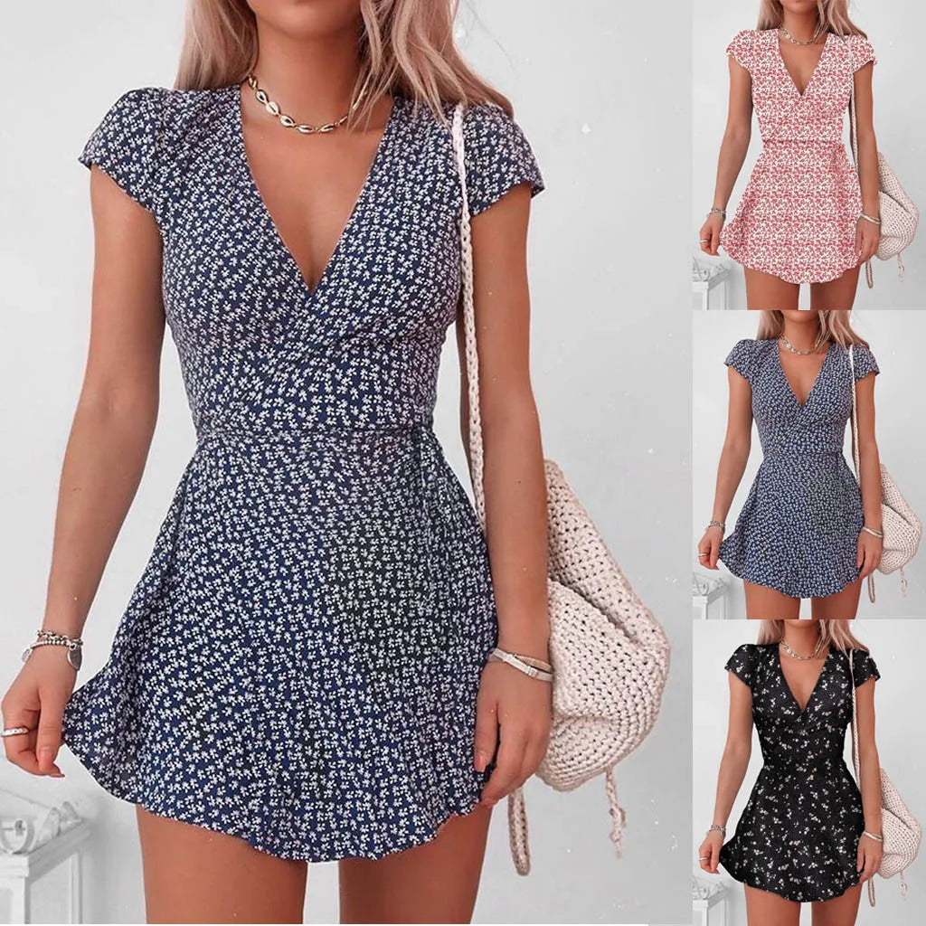 Summer European And American Women's Clothing Floral Skirt Print Floral Half V-Neck Mini Sleeve Dress Women's Dress - LUXLIFE BRANDS