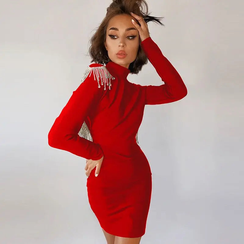 Sexy Backless Chain Glitter Party Dress For Women Elegant Long Sleeves Bodycon Mini Dresses Autumn Party Evening Vestido 2022