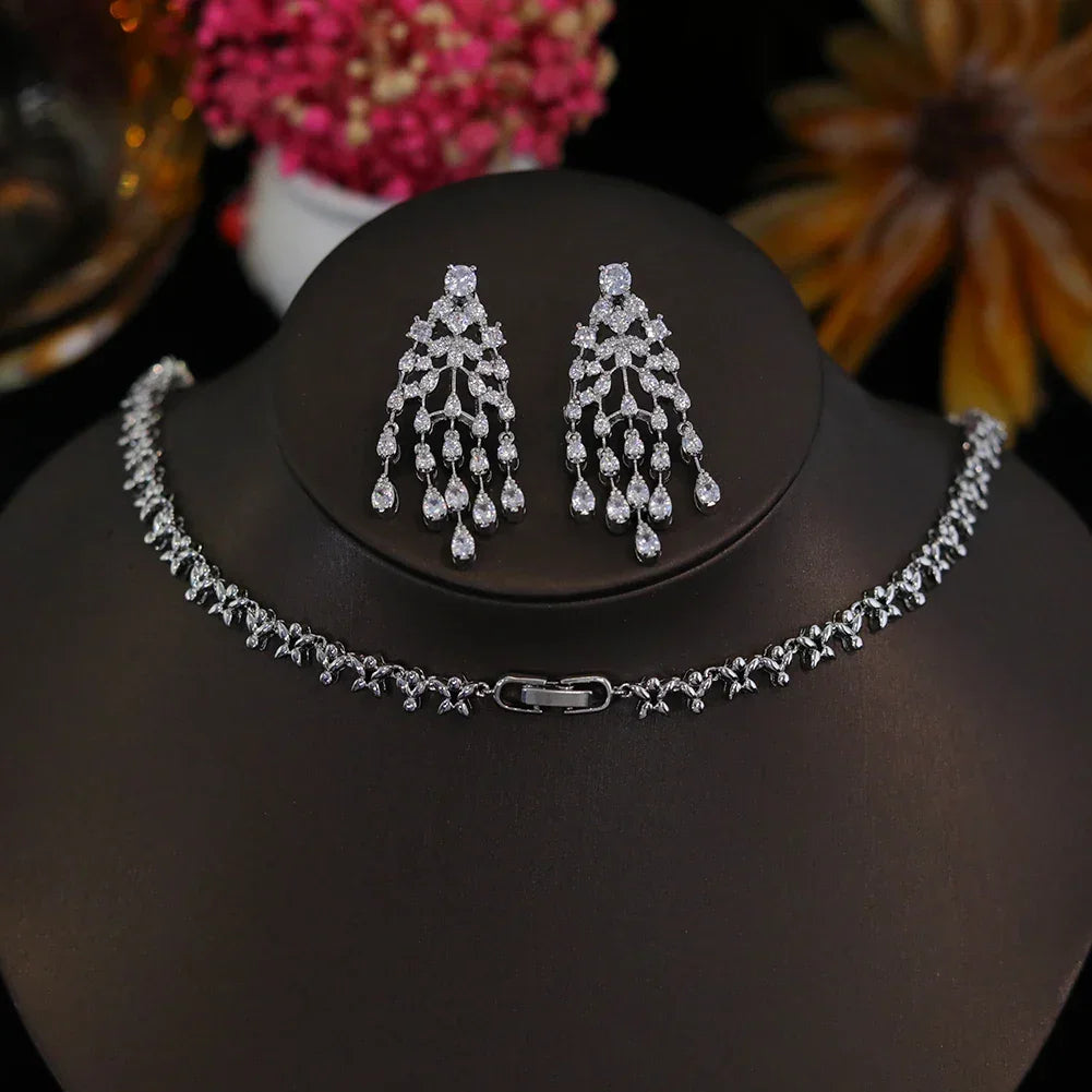 Luxury Cubic Zircon Necklace Earrings Bridal Sets