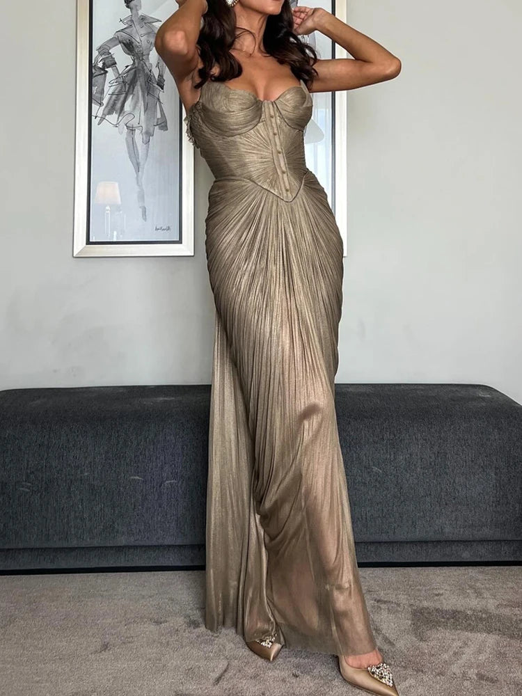 Sexy V-neck Draped Slim Suspender Dress Women Elegant Hight Waist Prom Long Dress Casual Sleeveless Backless Lace-Up Party Dress