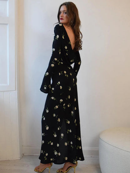 Chiffon Floral Print Long Sleeve Backless Maxi Dress LUXLIFE BRANDS
