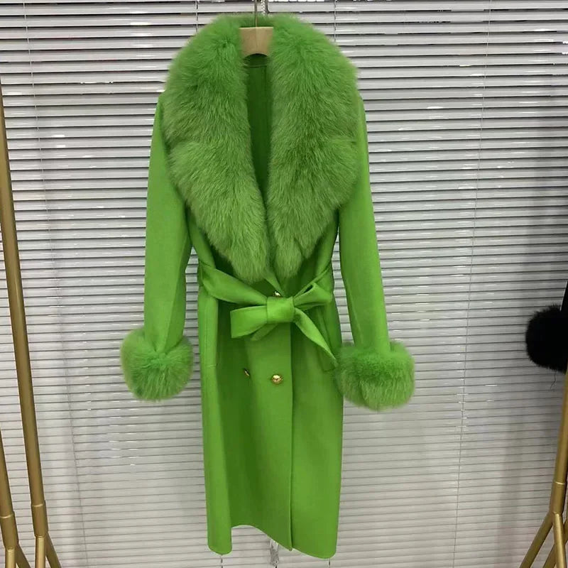 Long Wool Cashmere Blended Coat Real Fox Fur Cuffs & Collar